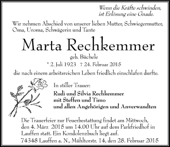 Traueranzeige von Marta Rechkemmer 