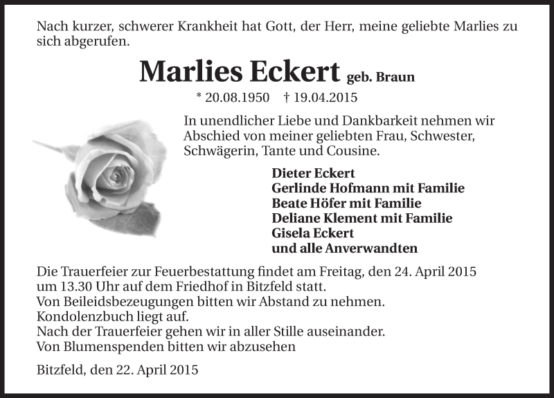  Traueranzeige für Marlies Eckert vom 22.04.2015 aus 