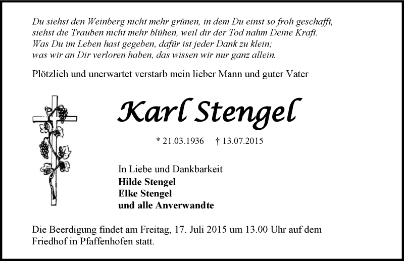  Traueranzeige für Karl Stengel vom 15.07.2015 aus 