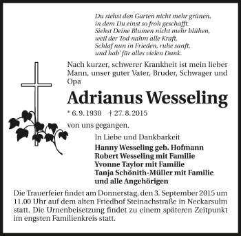 Traueranzeige von Adrianus Wesseling 