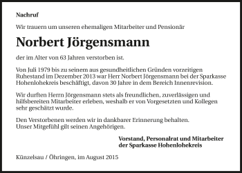 Traueranzeige von Norbert Jörgensmann 