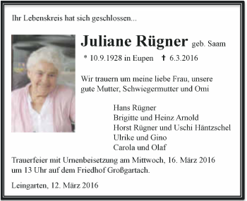 Traueranzeige von Juliane Rügner 