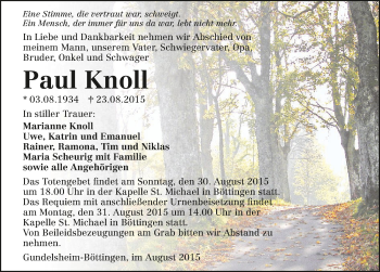 Traueranzeige von Paul Knoll 