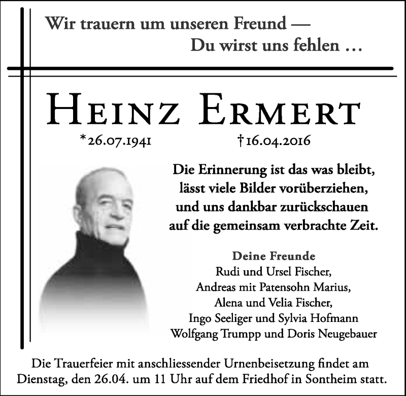  Traueranzeige für Heinz Ermert vom 23.04.2016 aus 