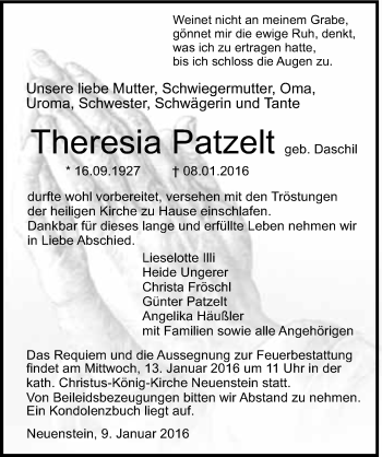 Traueranzeige von Theresia Patzelt 