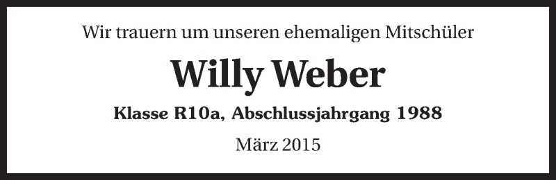  Traueranzeige für Willy Weber vom 02.04.2015 aus 