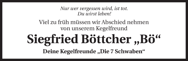  Traueranzeige für Siegfried Böttcher vom 24.01.2015 aus 