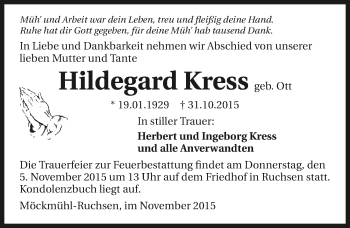 Traueranzeige von Hildegard Kress 