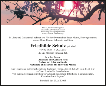 Traueranzeige von Friedhilde Schulz 