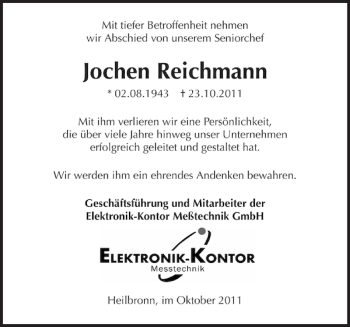 Traueranzeige von Jochen Reichmann 