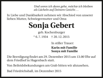 Traueranzeige von Sonja Gebert 