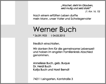 Traueranzeige von Werner Buch 