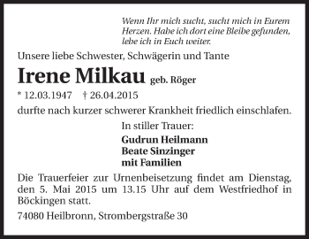 Traueranzeige von Irene Milkau 