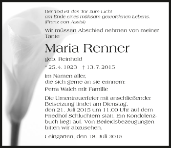 Traueranzeige von Maria Renner 