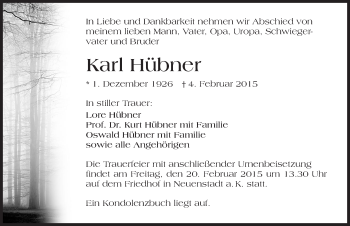 Traueranzeige von Karl Hübner 