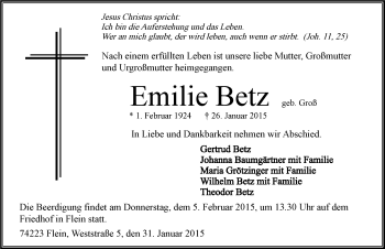 Traueranzeige von Emilie Betz 