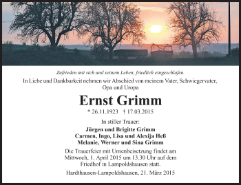 Traueranzeige von Ernst Grimm 
