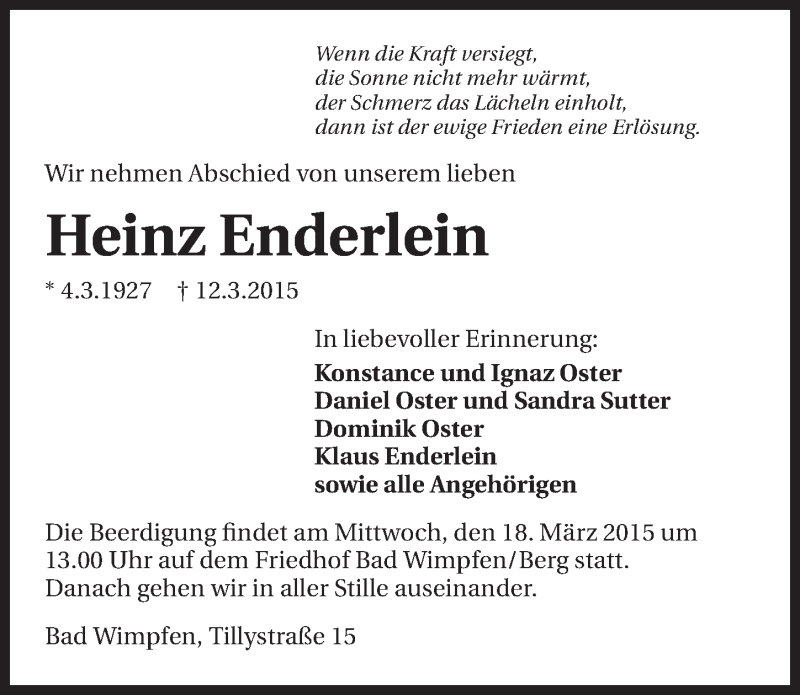  Traueranzeige für Heinz Enderlein vom 14.03.2015 aus 