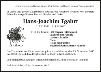 Traueranzeige von Hans-Joachim Tgahrt 