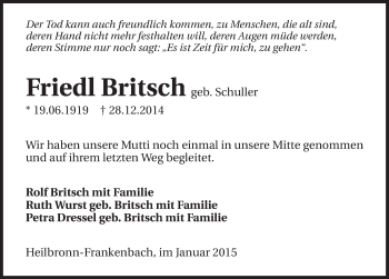 Traueranzeige von Friedl Britsch 