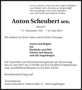 Traueranzeige von Anton Scheubert 