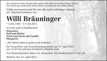 Traueranzeige von Willi Bräuninger 