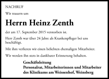 Traueranzeige von Heinz Zenth 