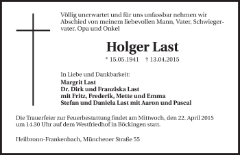 Traueranzeige von Holger Last 