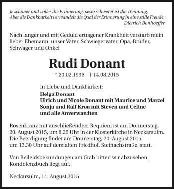 Traueranzeige von Rudi Donant 