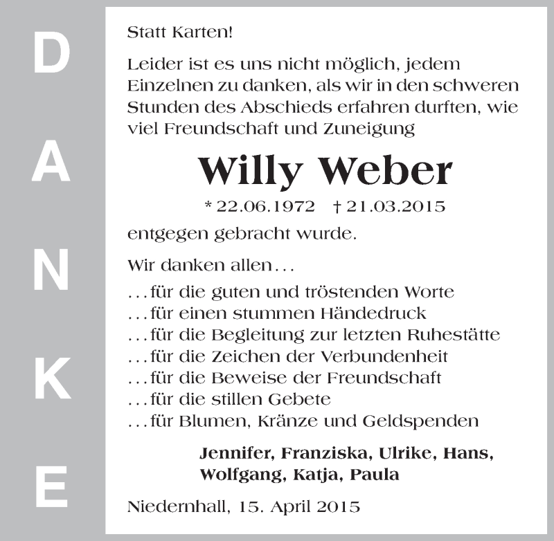  Traueranzeige für Willy Weber vom 15.04.2015 aus 