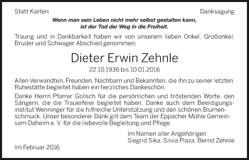 Traueranzeige von Dieter Zehnle 