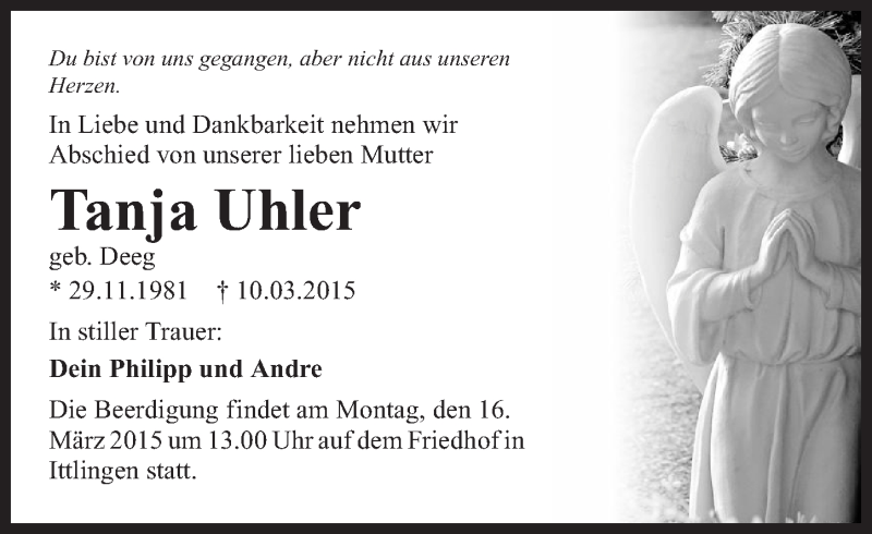  Traueranzeige für Tanja Uhler vom 14.03.2015 aus 