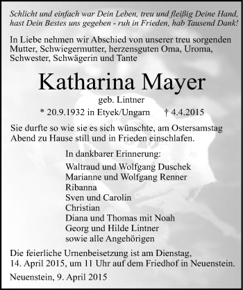 Traueranzeige von Katharina Mayer 