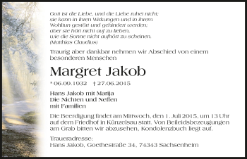 Traueranzeige von Margret Jakob 