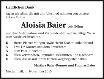 Traueranzeige von Aloisia Baier 