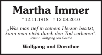 Traueranzeige von Martha Immer 