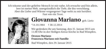 Traueranzeige von Giovanna Mariano 