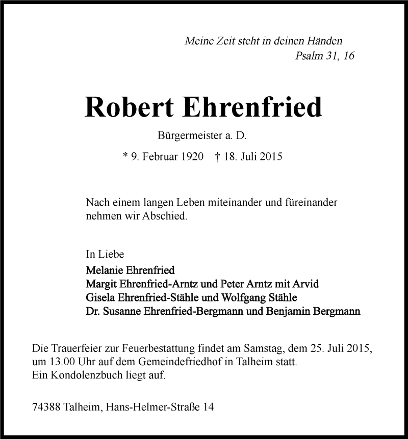  Traueranzeige für Robert Ehrenfried vom 22.07.2015 aus 