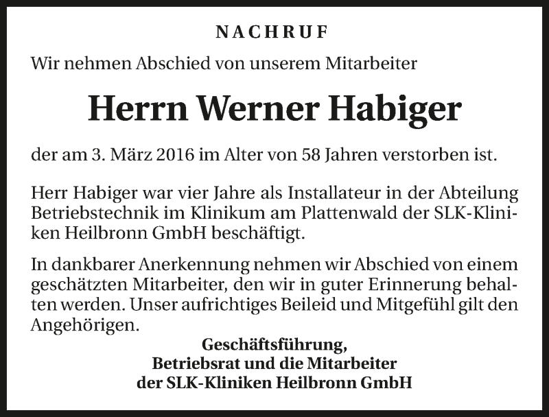  Traueranzeige für Werner Habiger vom 09.03.2016 aus 