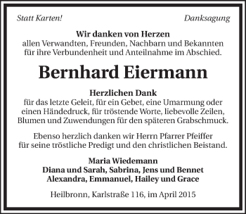 Traueranzeige von Bernhard Eiermann 