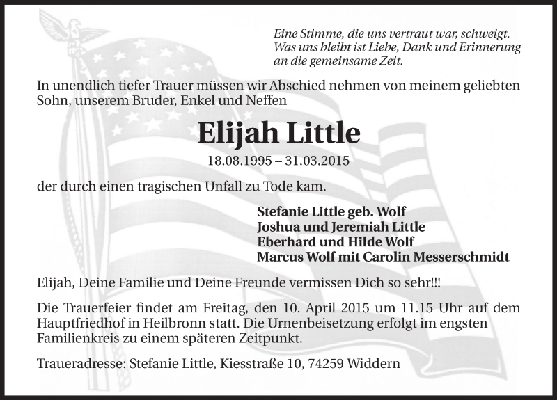  Traueranzeige für Elijah Little vom 07.04.2015 aus 