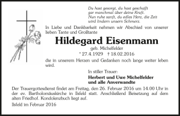 Traueranzeige von Hildegard Eisenmann 