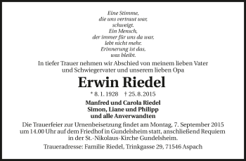 Traueranzeige von Erwin Riedel 