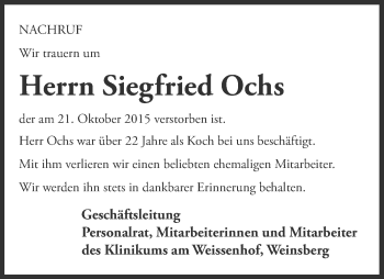 Traueranzeige von Siegfried Ochs 