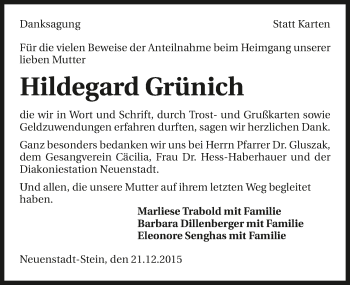 Traueranzeige von Hildegard Grünich 