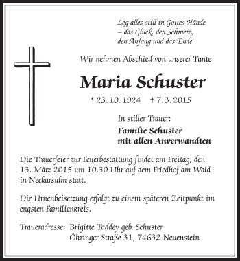 Traueranzeige von Maria Schuster 