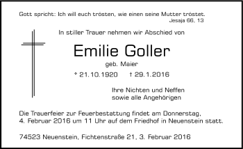 Traueranzeige von Emilie Goller 