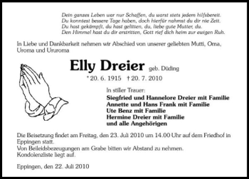 Traueranzeige von Dreier Elly 