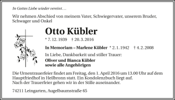 Traueranzeige von Otto Kübler 