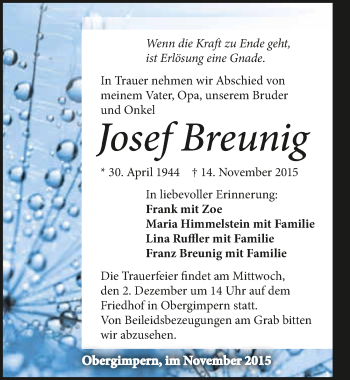 Traueranzeige von Josef Breunig 